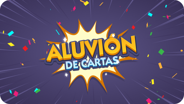 ¡Aluvión de cartas de Monopoly GO, con una explosión estilo cómic y confeti de colores.