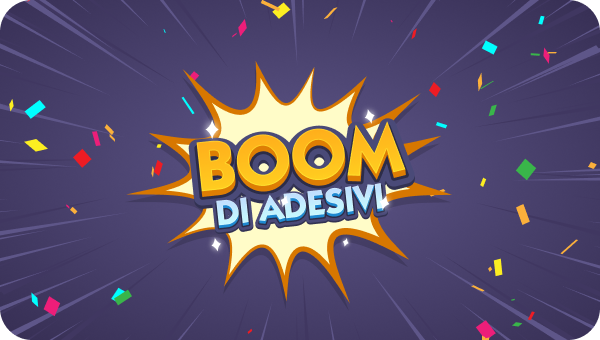 Boom di adesivi in Monopoly GO, mostrato con un’esplosione in stile fumetto e coriandoli colorati.