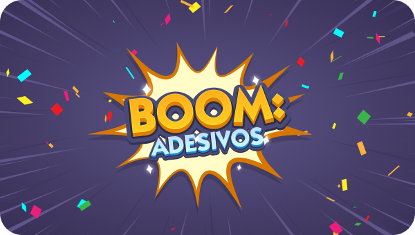 Explosão de Adesivos em Monopoly GO, com uma explosão em estilo quadrinhos e confetes coloridos.