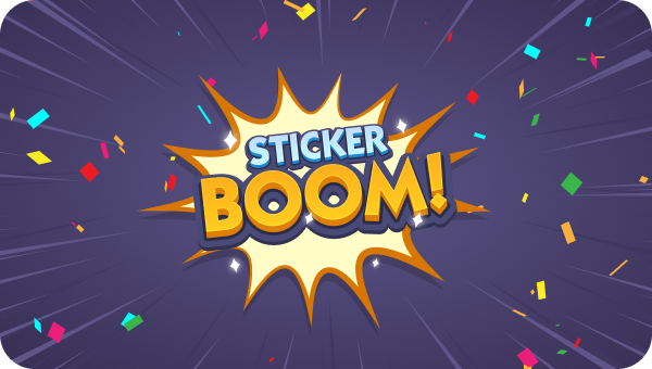 Sticker Boom event from Monopoly GO, shown with a comic-style explosion and colorful confetti.